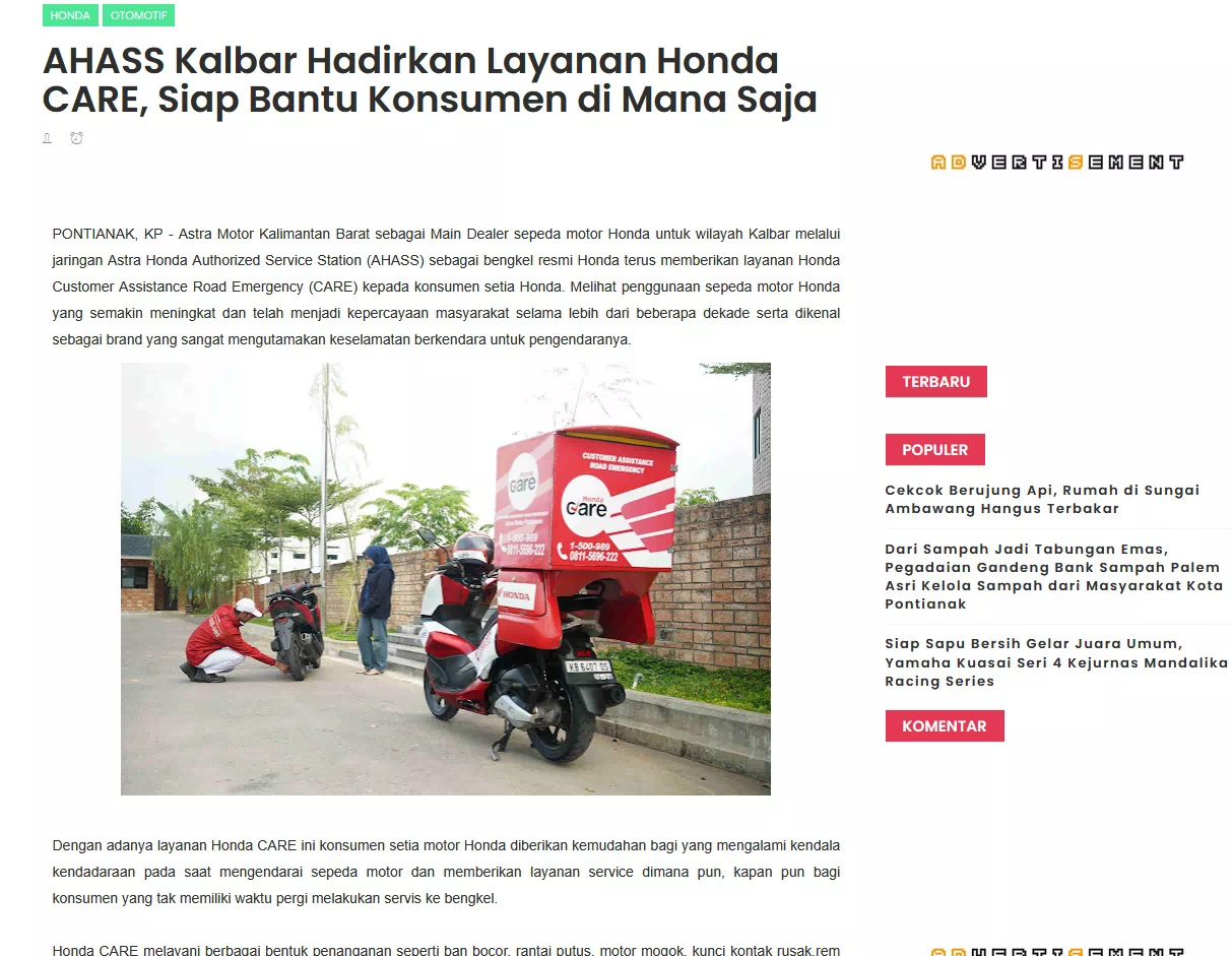 AHASS Kalbar Hadirkan Layanan Honda CARE, Siap Bantu Konsumen di Mana Saja