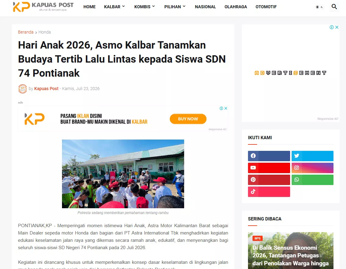 Hari Anak 2026, Asmo Kalbar Tanamkan Budaya Tertib Lalu Lintas kepada Siswa SDN 74 Pontianak