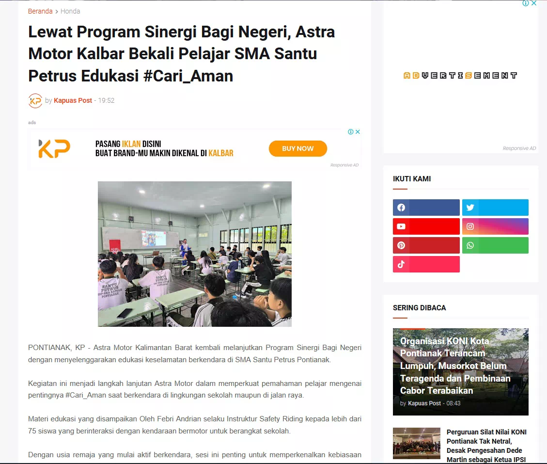 Lewat Program Sinergi Bagi Negeri, Astra Motor Kalbar Bekali Pelajar SMA Santu Petrus Edukasi #Cari_Aman