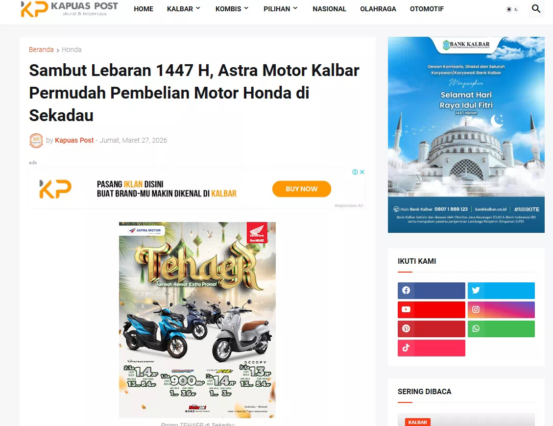 Sambut Lebaran 1447 H, Astra Motor Kalbar Permudah Pembelian Motor Honda di Sekadau