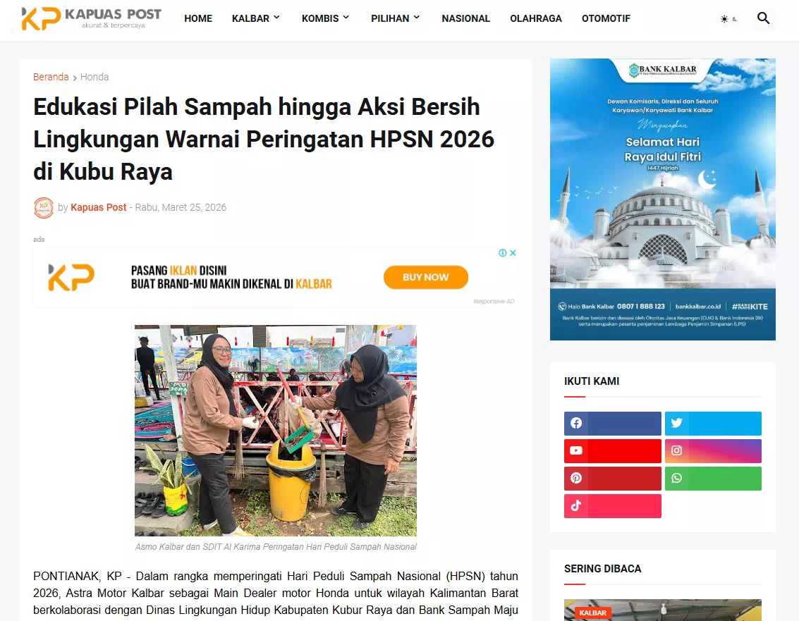 Edukasi Pilah Sampah hingga Aksi Bersih Lingkungan Warnai Peringatan HPSN 2026 di Kubu Raya