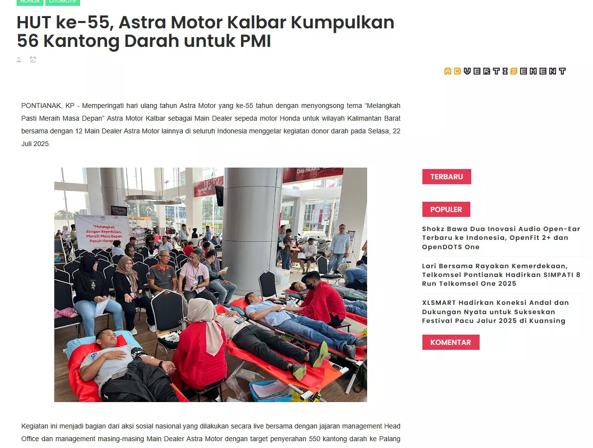 HUT ke-55, Astra Motor Kalbar Kumpulkan 56 Kantong Darah untuk PMI