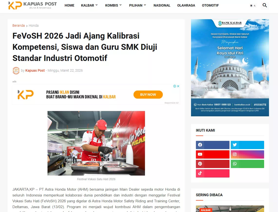 FeVoSH 2026 Jadi Ajang Kalibrasi Kompetensi, Siswa dan Guru SMK Diuji Standar Industri Otomotif