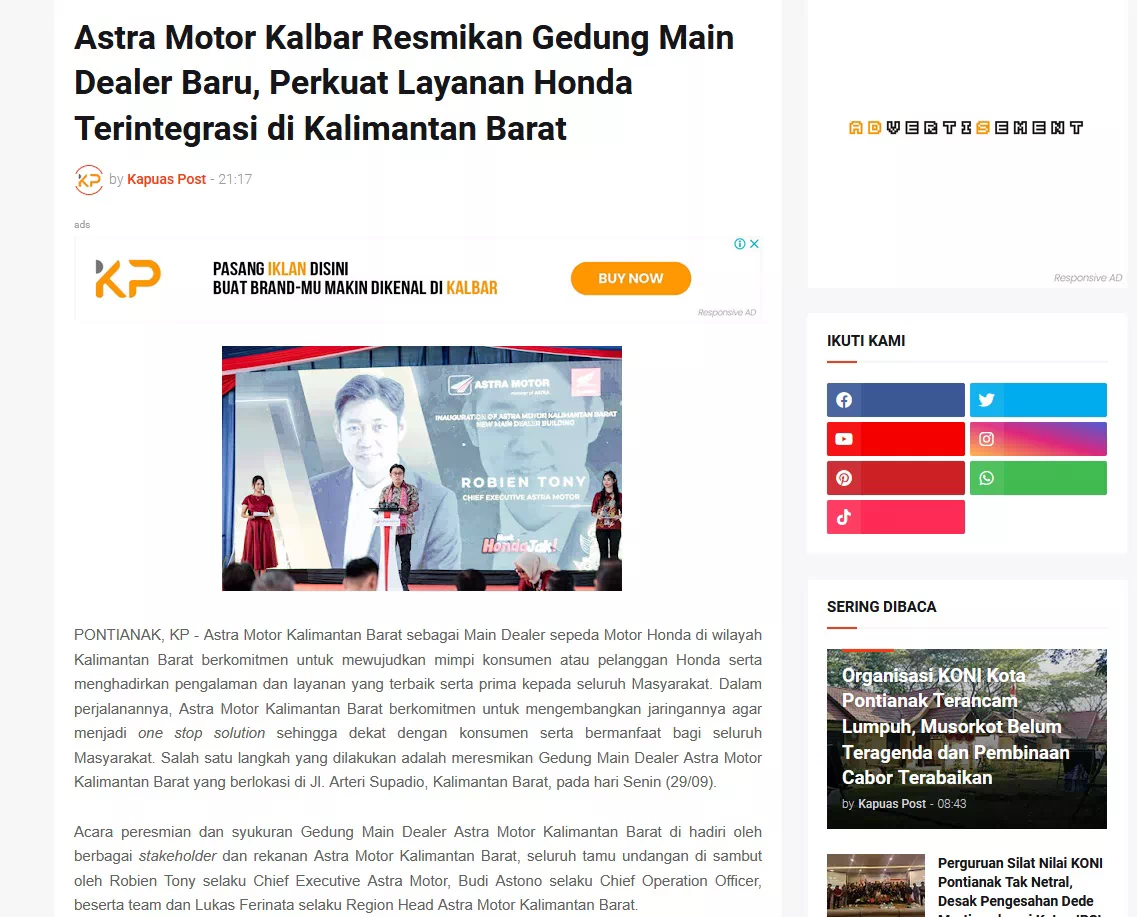 Astra Motor Kalbar Resmikan Gedung Main Dealer Baru, Perkuat Layanan Honda Terintegrasi di Kalimantan Barat