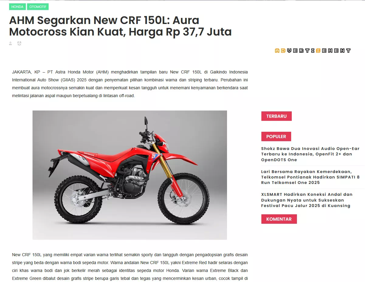 AHM Segarkan New CRF 150L: Aura Motocross Kian Kuat, Harga Rp 37,7 Juta