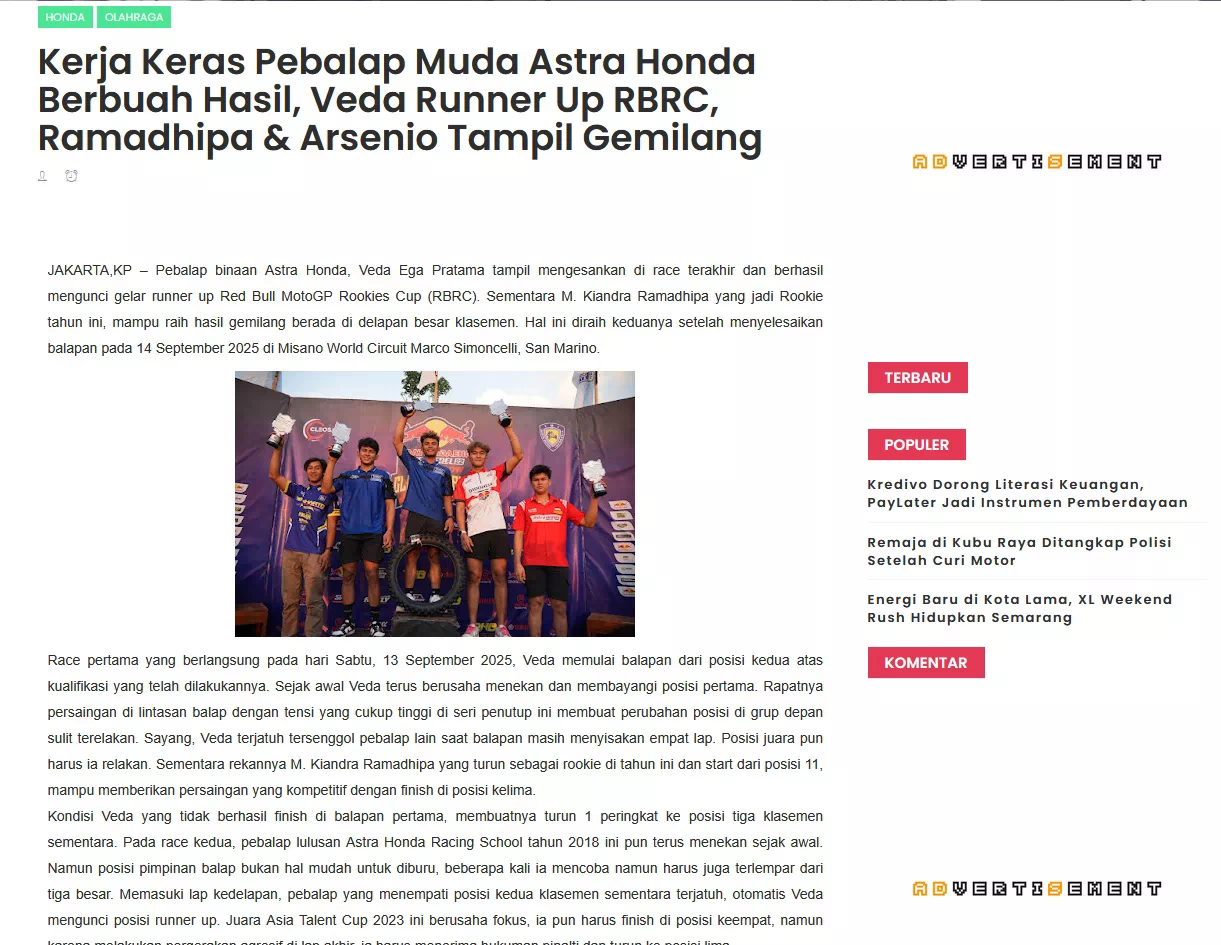 Kerja Keras Pebalap Muda Astra Honda Berbuah Hasil, Veda Runner Up RBRC, Ramadhipa &amp; Arsenio Tampil Gemilang