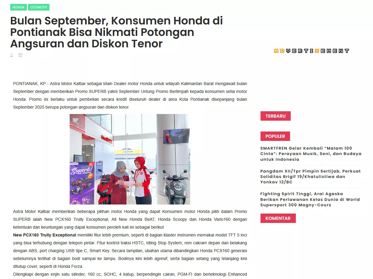 Bulan September, Konsumen Honda di Pontianak Bisa Nikmati Potongan Angsuran dan Diskon Tenor