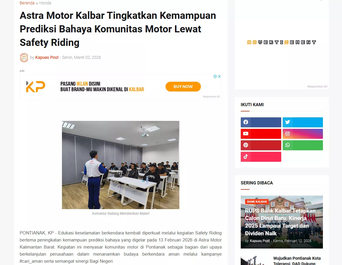 Astra Motor Kalbar Tingkatkan Kemampuan Prediksi Bahaya Komunitas Motor Lewat Safety Riding