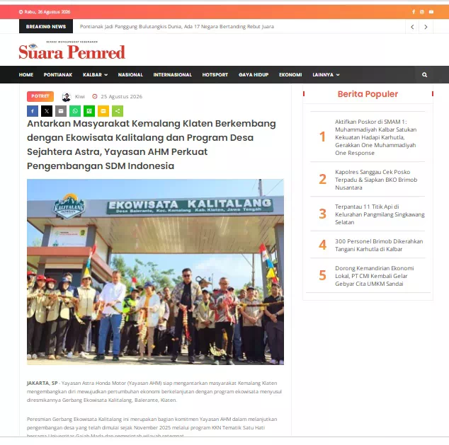 Antarkan Masyarakat Kemalang Klaten Berkembang dengan Ekowisata Kalitalang dan Program Desa Sejahtera Astra, Yayasan AHM Perkuat Pengembangan SDM Indonesia