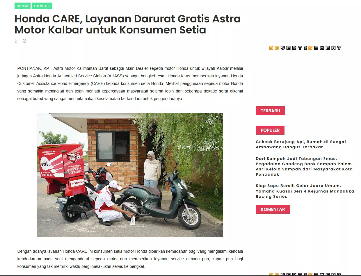 Honda CARE, Layanan Darurat Gratis Astra Motor Kalbar untuk Konsumen Setia