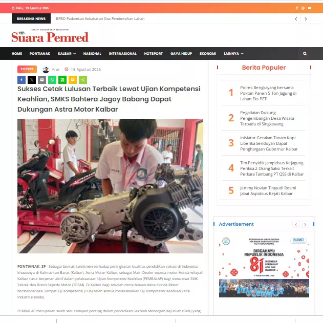 Sukses Cetak Lulusan Terbaik Lewat Ujian Kompetensi Keahlian, SMKS Bahtera Jagoy Babang Dapat Dukungan Astra Motor Kalbar