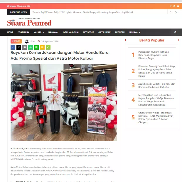 Rayakan Kemerdekaan dengan Motor Honda Baru, Ada Promo Spesial dari Astra Motor Kalbar