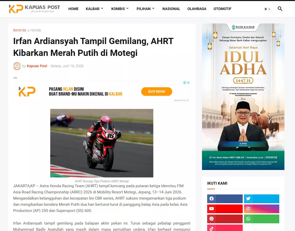 Irfan Ardiansyah Tampil Gemilang, AHRT Kibarkan Merah Putih di Motegi