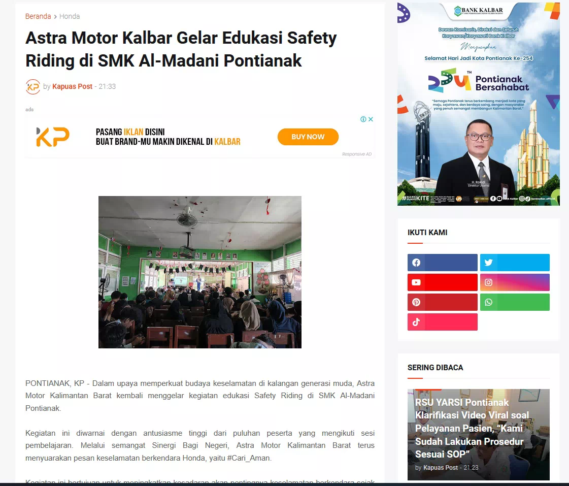 Astra Motor Kalbar Gelar Edukasi Safety Riding di SMK Al-Madani Pontianak