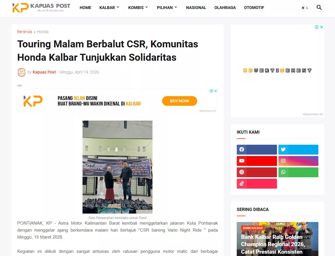 Touring Malam Berbalut CSR, Komunitas Honda Kalbar Tunjukkan Solidaritas