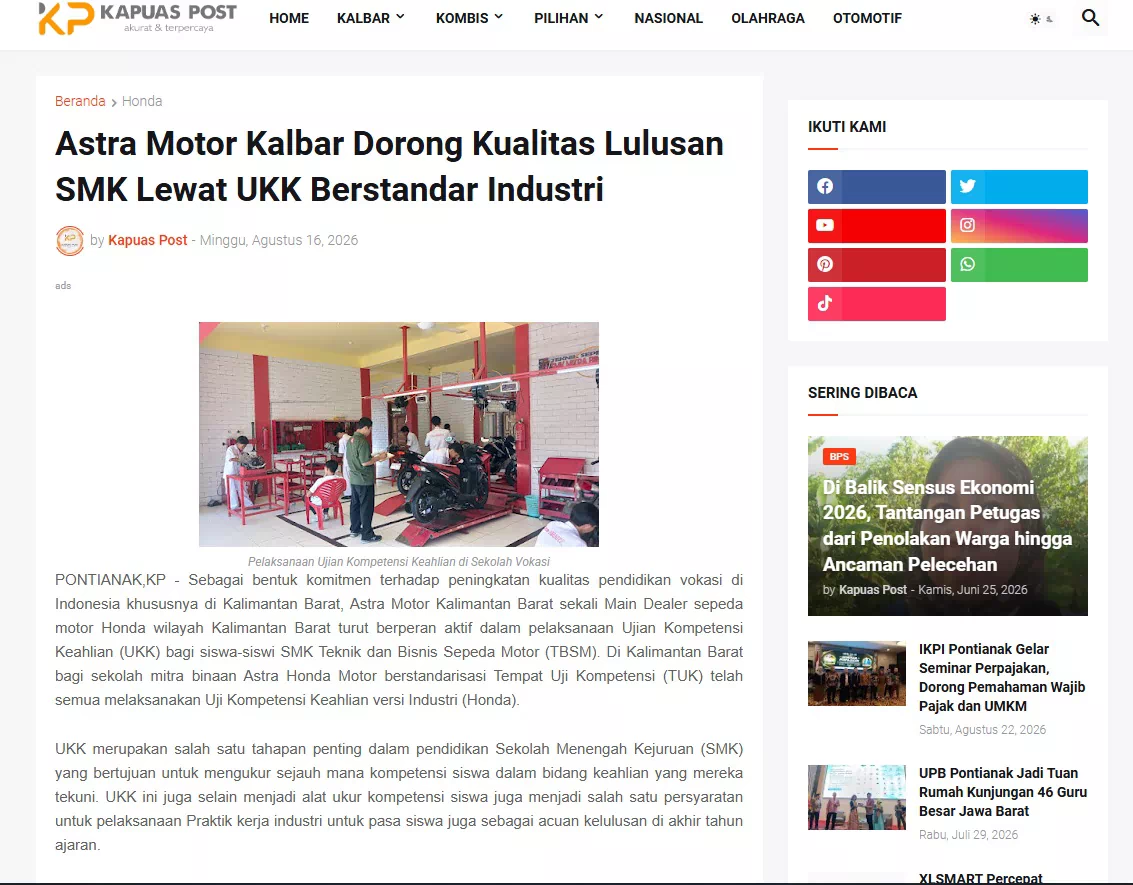 Astra Motor Kalbar Dorong Kualitas Lulusan SMK Lewat UKK Berstandar Industri