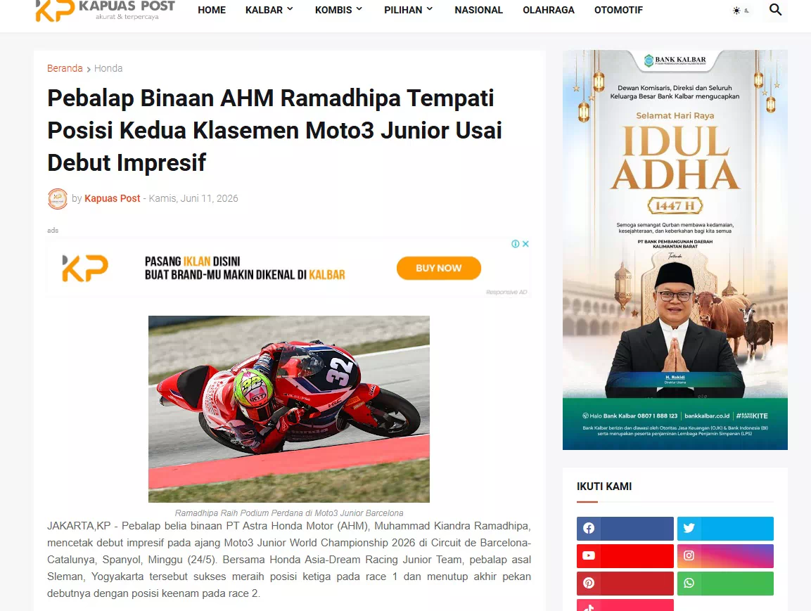 Pebalap Binaan AHM Ramadhipa Tempati Posisi Kedua Klasemen Moto3 Junior Usai Debut Impresif