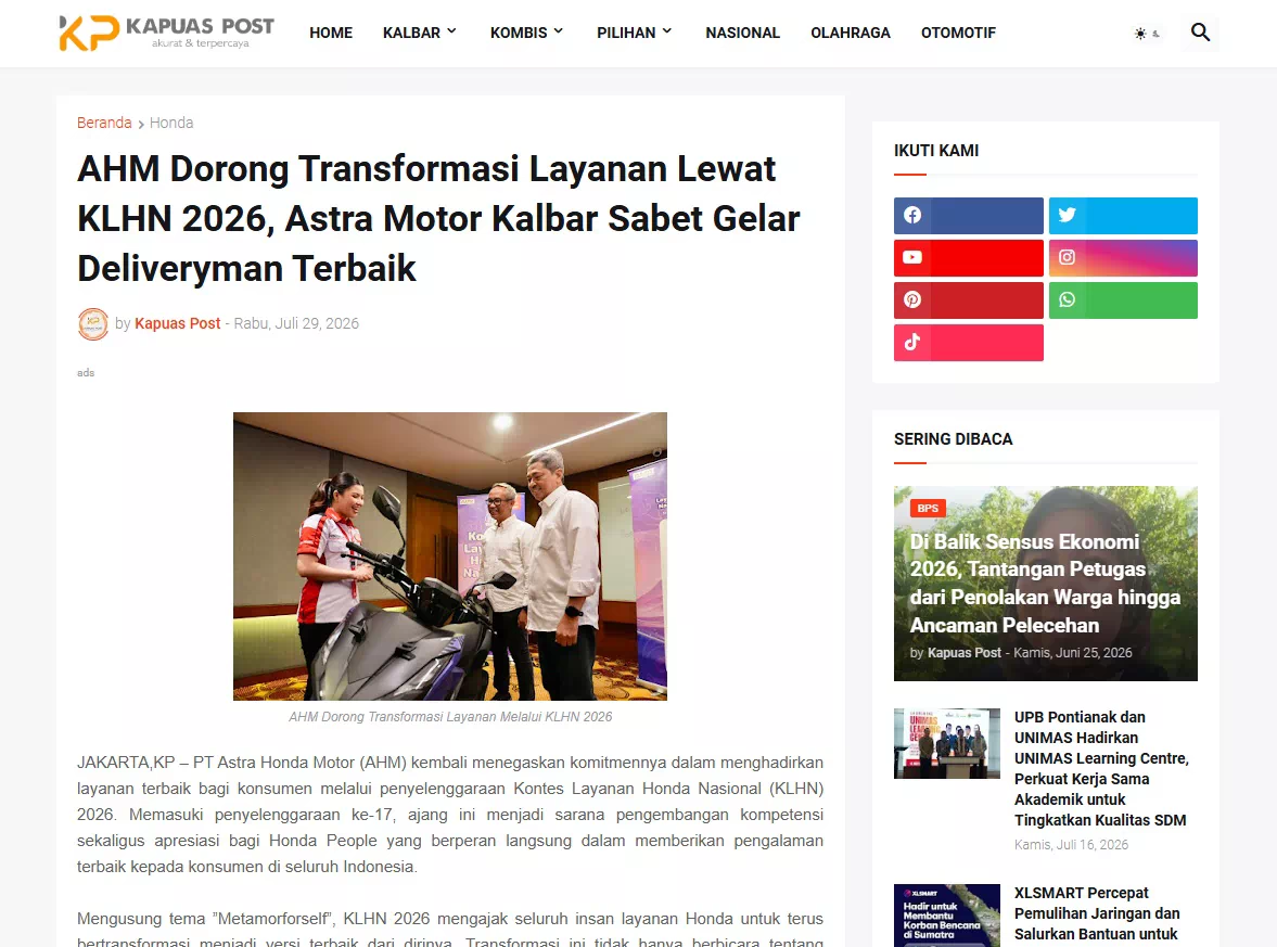 AHM Dorong Transformasi Layanan Lewat KLHN 2026, Astra Motor Kalbar Sabet Gelar Deliveryman Terbaik