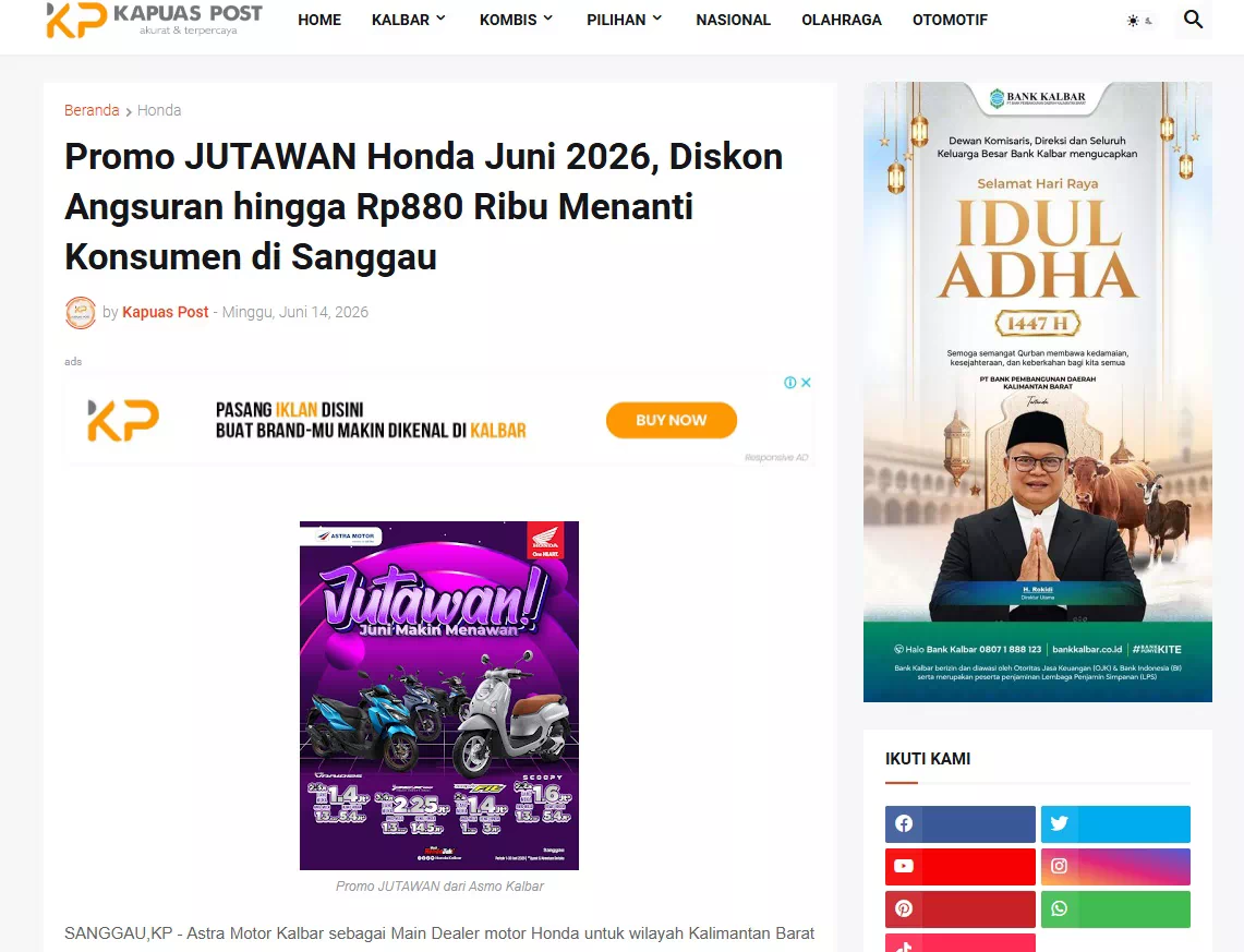 Promo JUTAWAN Honda Juni 2026, Diskon Angsuran hingga Rp880 Ribu Menanti Konsumen di Sanggau