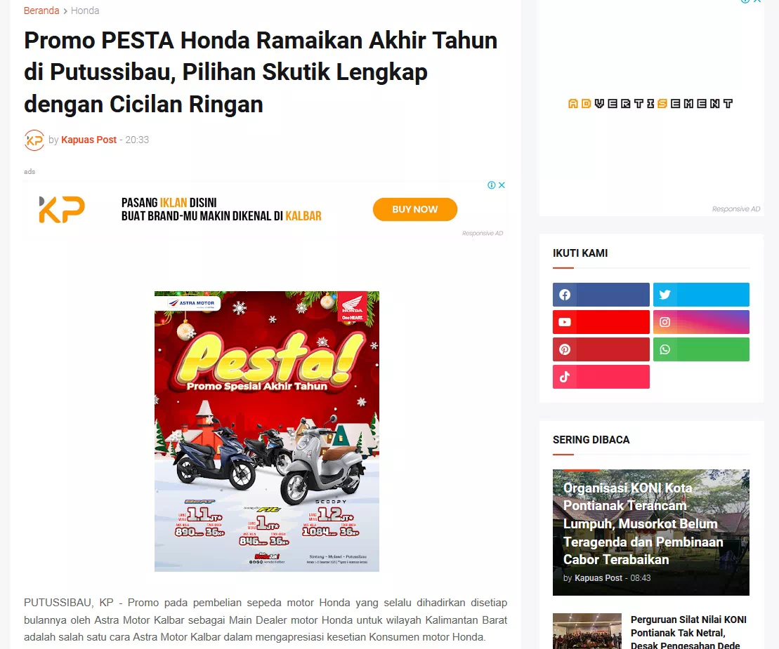 Promo PESTA Honda Ramaikan Akhir Tahun di Putussibau, Pilihan Skutik Lengkap dengan Cicilan Ringan