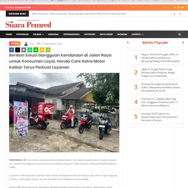 Berikan Solusi Gangguan Kendaraan di Jalan Raya untuk Konsumen Loyal, Honda Care Astra Motor Kalbar Terus Perkuat Layanan
