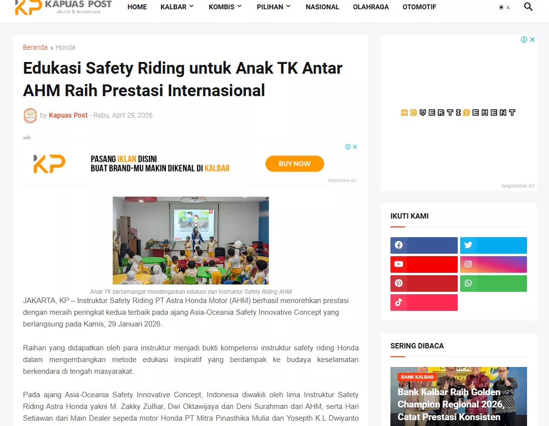 Edukasi Safety Riding untuk Anak TK Antar AHM Raih Prestasi Internasional