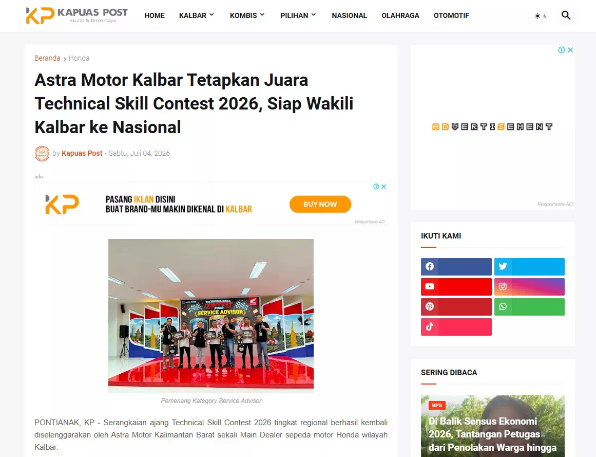 Astra Motor Kalbar Tetapkan Juara Technical Skill Contest 2026, Siap Wakili Kalbar ke Nasional