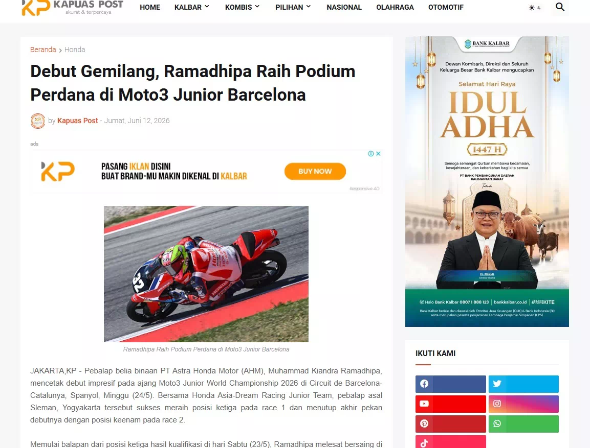 Debut Gemilang, Ramadhipa Raih Podium Perdana di Moto3 Junior Barcelona