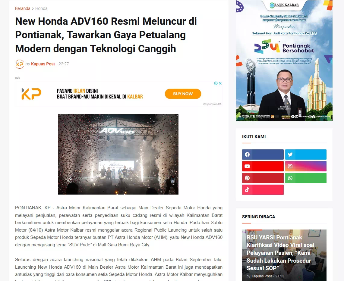New Honda ADV160 Resmi Meluncur di Pontianak, Tawarkan Gaya Petualang Modern dengan Teknologi Canggih
