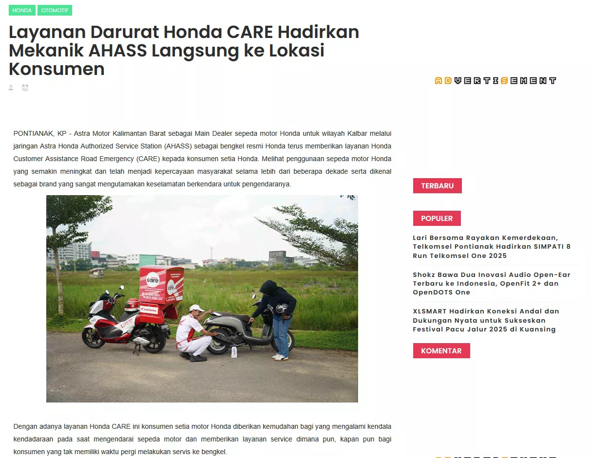 Layanan Darurat Honda CARE Hadirkan Mekanik AHASS Langsung ke Lokasi Konsumen