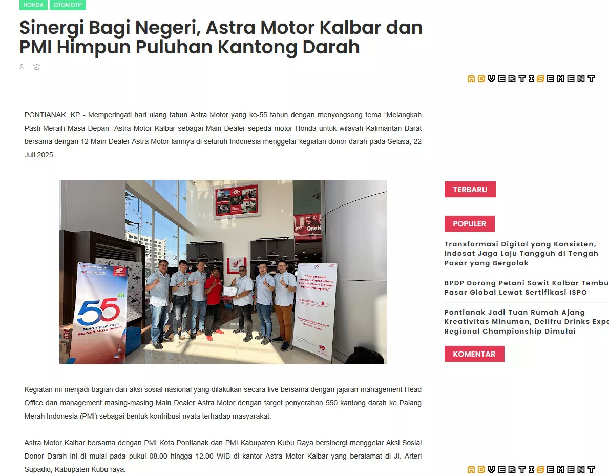 Sinergi Bagi Negeri, Astra Motor Kalbar dan PMI Himpun Puluhan Kantong Darah