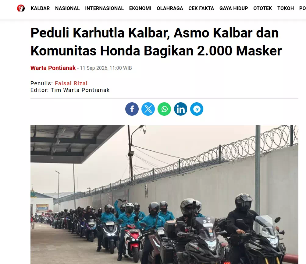 Peduli Karhutla Kalbar, Asmo Kalbar dan Komunitas Honda Bagikan 2.000 Masker