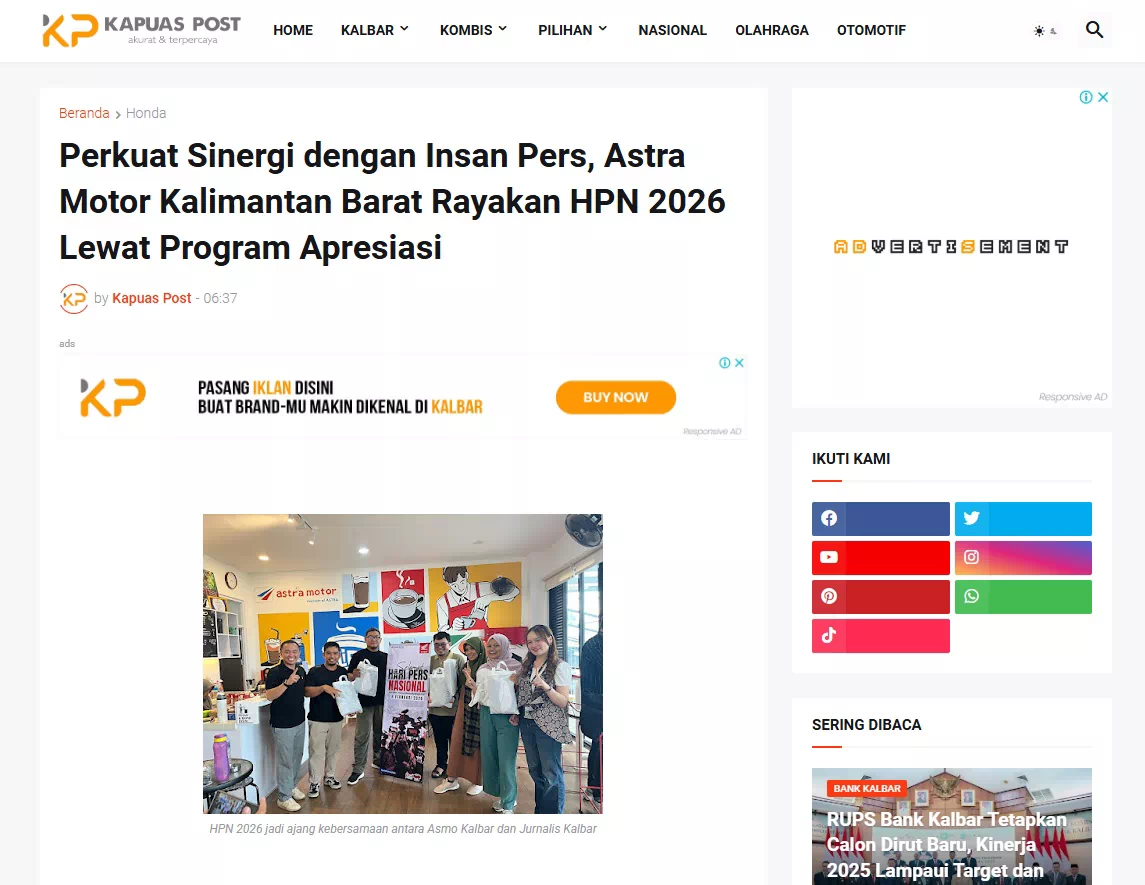 Perkuat Sinergi dengan Insan Pers, Astra Motor Kalimantan Barat Rayakan HPN 2026 Lewat Program Apresiasi
