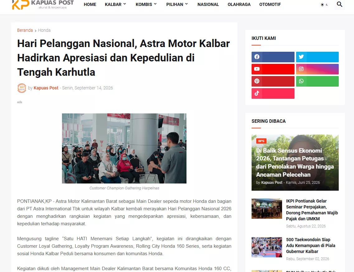 Hari Pelanggan Nasional, Astra Motor Kalbar Hadirkan Apresiasi dan Kepedulian di Tengah Karhutla