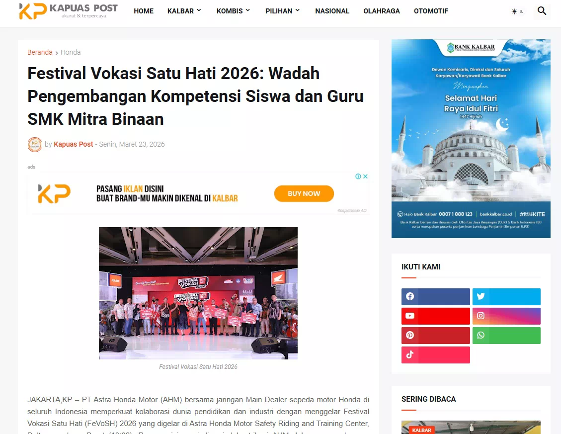 Festival Vokasi Satu Hati 2026: Wadah Pengembangan Kompetensi Siswa dan Guru SMK Mitra Binaan
