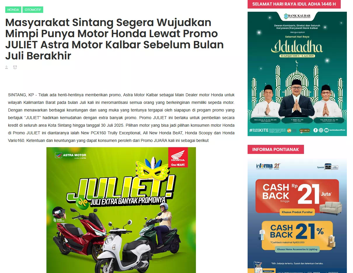 Masyarakat Sintang Segera Wujudkan Mimpi Punya Motor Honda Lewat Promo JULIET Astra Motor Kalbar Sebelum Bulan Juli Berakhir