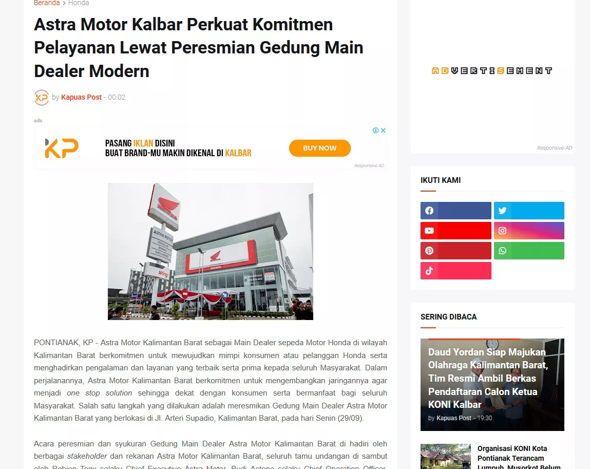 Astra Motor Kalbar Perkuat Komitmen Pelayanan Lewat Peresmian Gedung Main Dealer Modern