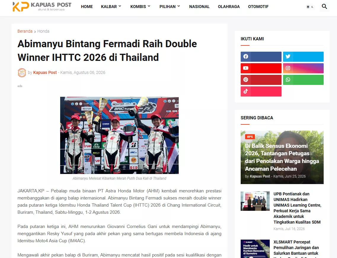Abimanyu Bintang Fermadi Raih Double Winner IHTTC 2026 di Thailand