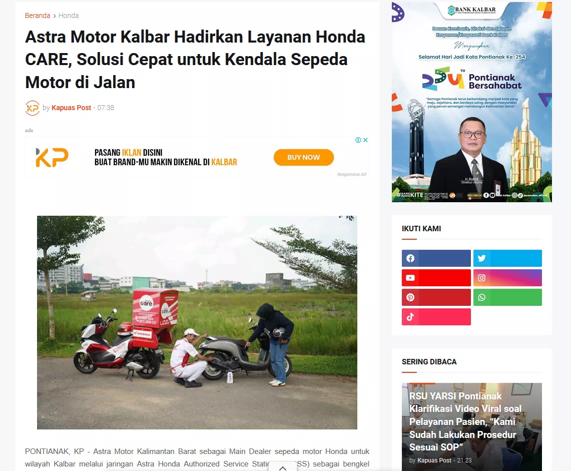 Astra Motor Kalbar Hadirkan Layanan Honda CARE, Solusi Cepat untuk Kendala Sepeda Motor di Jalan