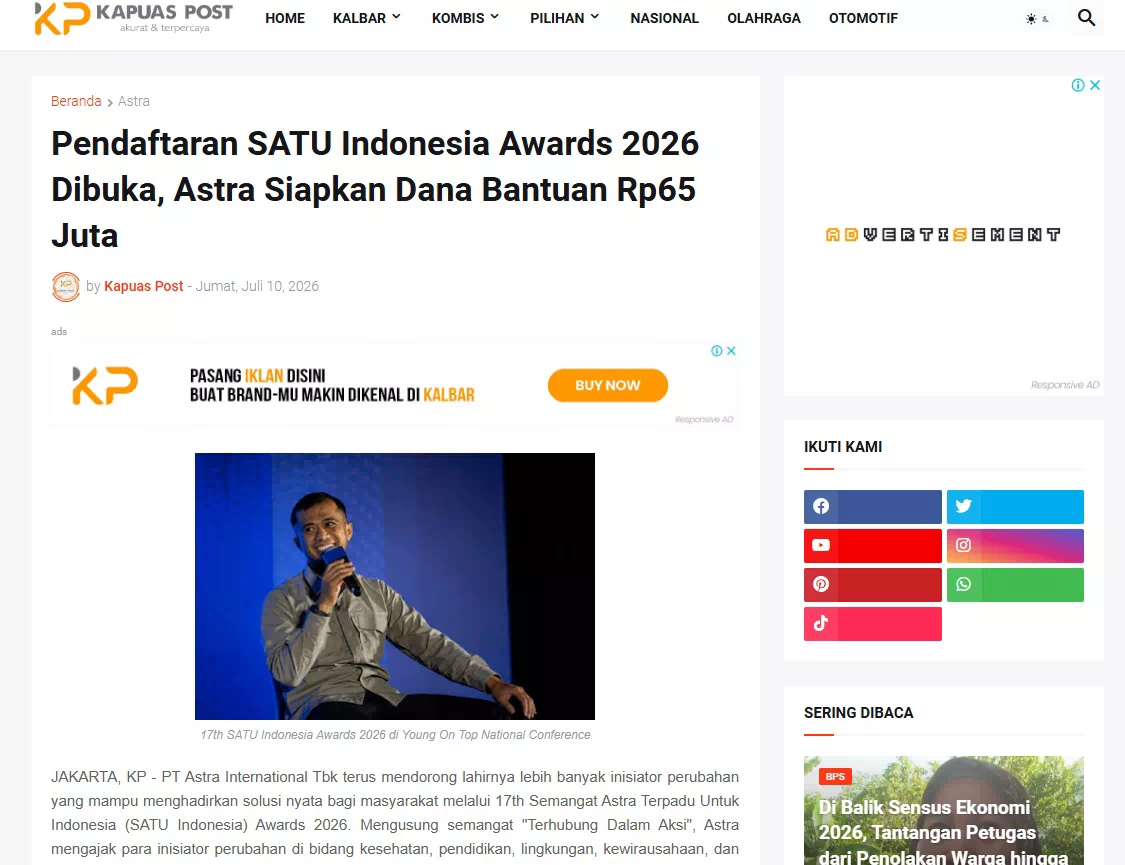 Pendaftaran SATU Indonesia Awards 2026 Dibuka, Astra Siapkan Dana Bantuan Rp65 Juta