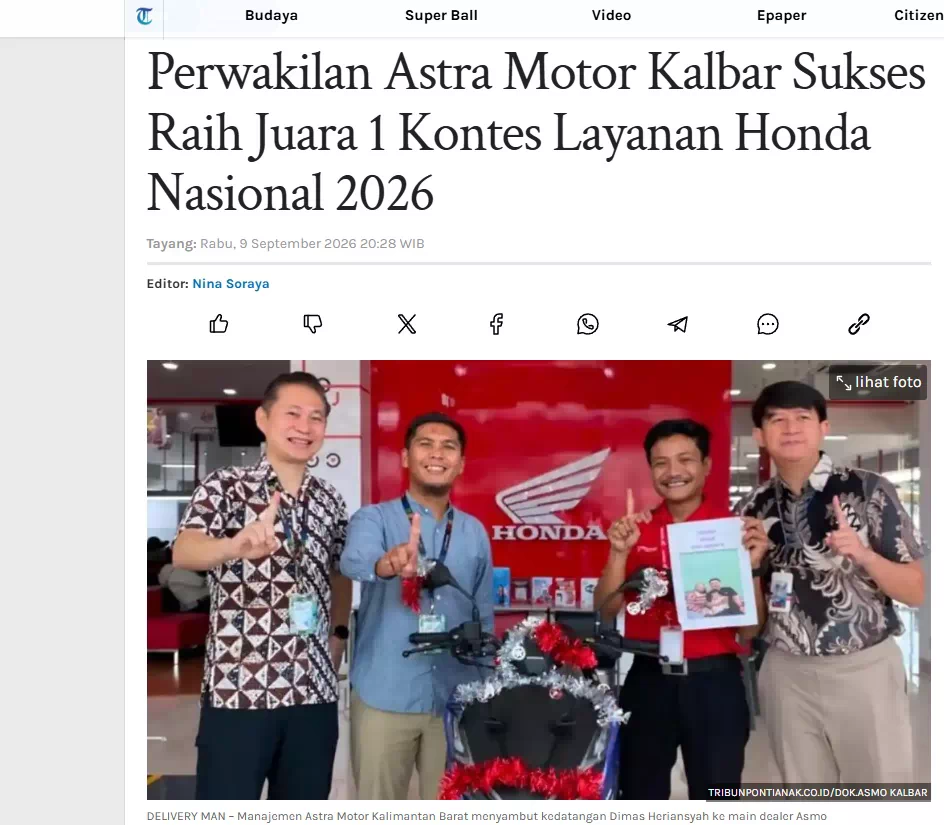 Perwakilan Astra Motor Kalbar Sukses Raih Juara 1 Kontes Layanan Honda Nasional 2026