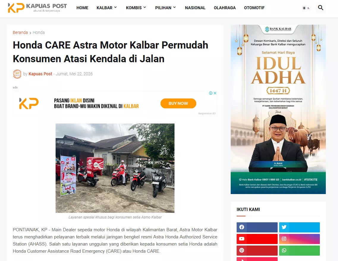 Honda CARE Astra Motor Kalbar Permudah Konsumen Atasi Kendala di Jalan