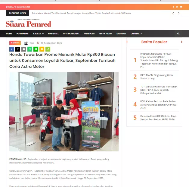 Honda Tawarkan Promo Menarik Mulai Rp800 Ribuan untuk Konsumen Loyal di Kalbar, September Tambah Ceria Astra Motor