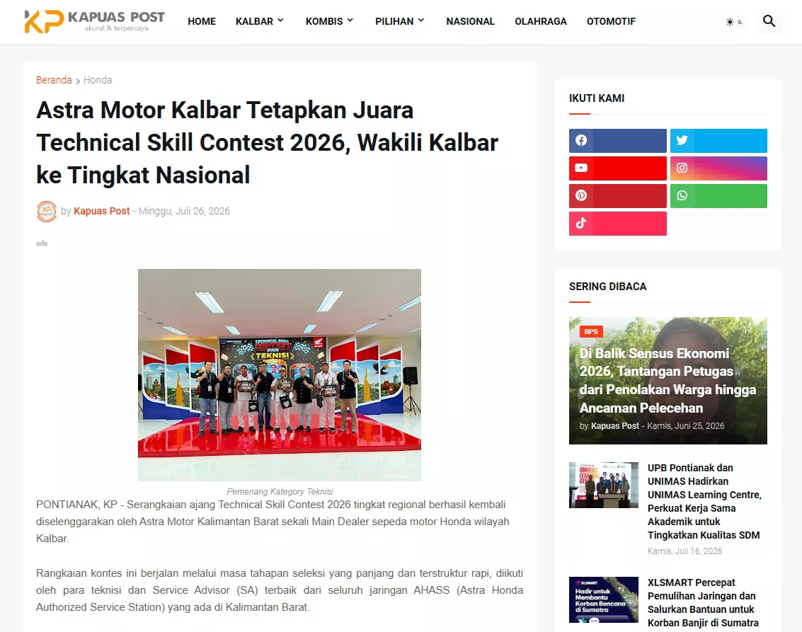 Astra Motor Kalbar Tetapkan Juara Technical Skill Contest 2026, Wakili Kalbar ke Tingkat Nasional