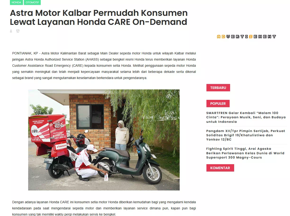 Astra Motor Kalbar Permudah Konsumen Lewat Layanan Honda CARE On-Demand