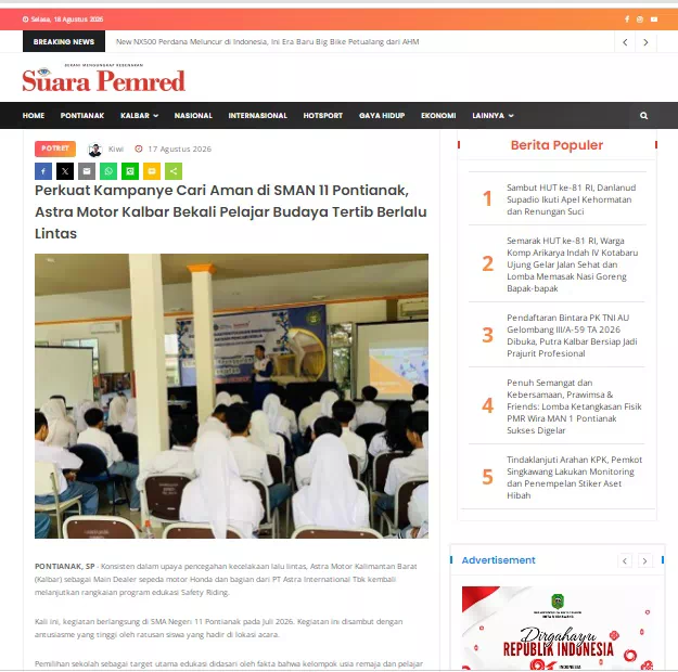 Perkuat Kampanye Cari Aman di SMAN 11 Pontianak, Astra Motor Kalbar Bekali Pelajar Budaya Tertib Berlalu Lintas