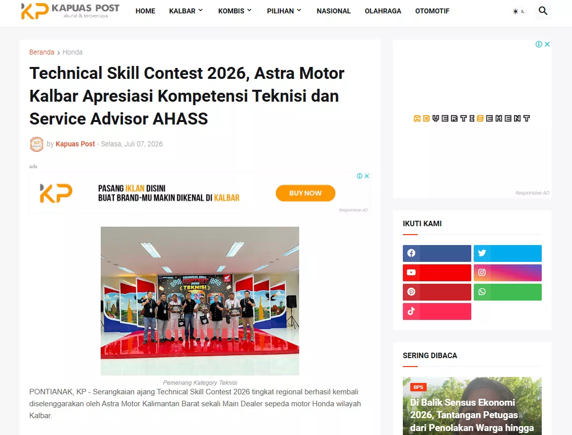 Technical Skill Contest 2026, Astra Motor Kalbar Apresiasi Kompetensi Teknisi dan Service Advisor AHASS