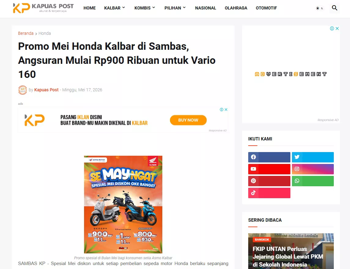 Promo Mei Honda Kalbar di Sambas, Angsuran Mulai Rp900 Ribuan untuk Vario 160