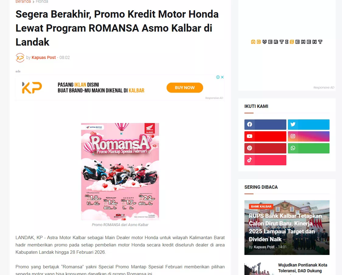Segera Berakhir, Promo Kredit Motor Honda Lewat Program ROMANSA Asmo Kalbar di Landak
