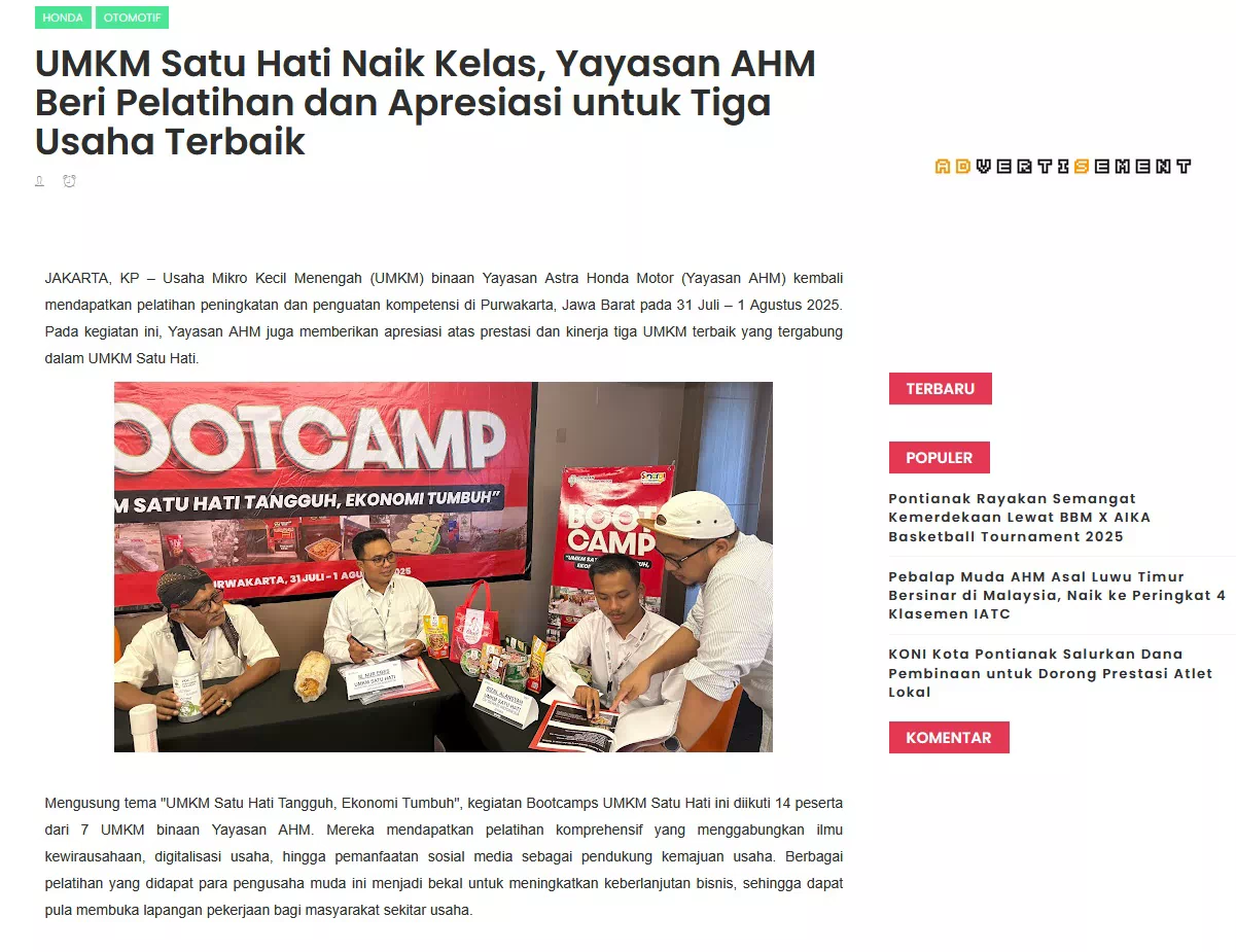 UMKM Satu Hati Naik Kelas, Yayasan AHM Beri Pelatihan dan Apresiasi untuk Tiga Usaha Terbaik